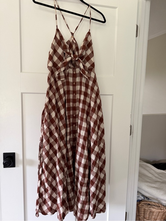 Free People Dresses & Skirts - Free People Brown & Cream Gingham Tie-Back Midi Dress